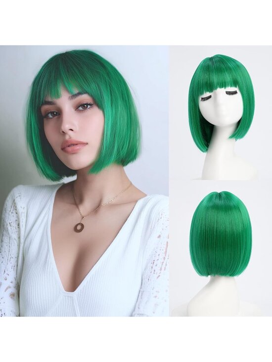Women Green Heat Resistant Synthetic Straight Ombre Bob Wig Bangs 10 Inch